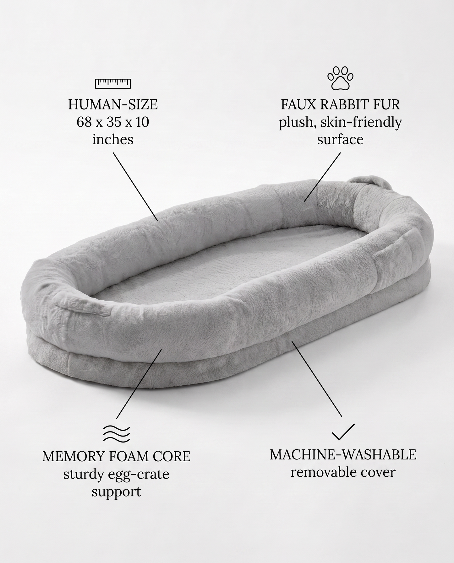 Human-Size Dog Bed · Faux Rabbit Fur, Washable