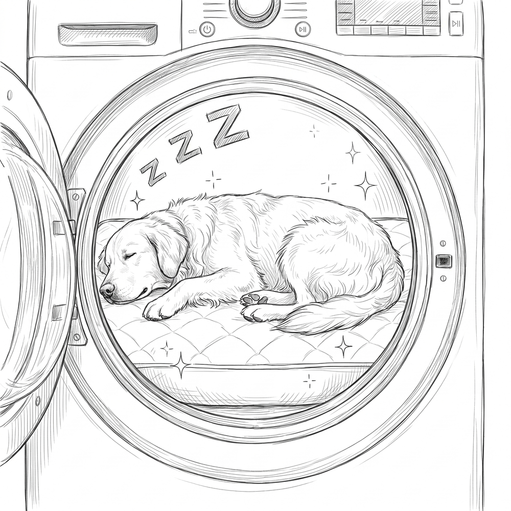 Sketch of a round dog bed in a washing machine