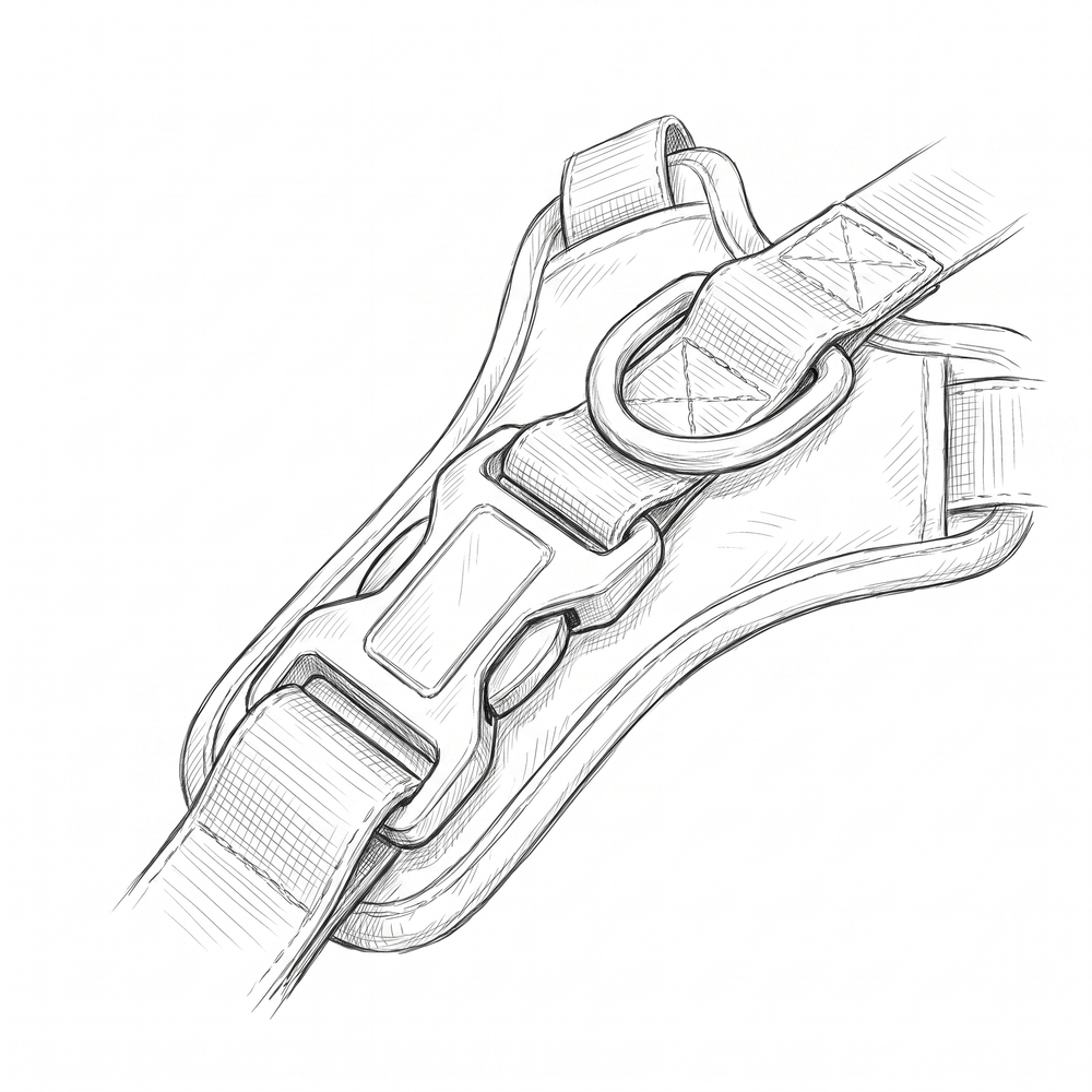 Sketch of a safety belt clip attaching to a dog harness