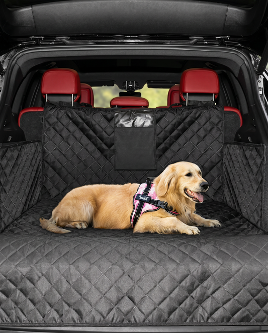 Black heavy-duty quilted cargo liner bed installed covering the entire trunk floor and seat backs of an SUV.