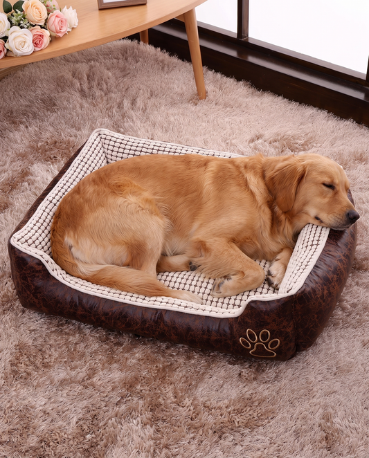 Brown ultra-soft corn fleece pet bed featuring a raised bolster rim and plush cushion.