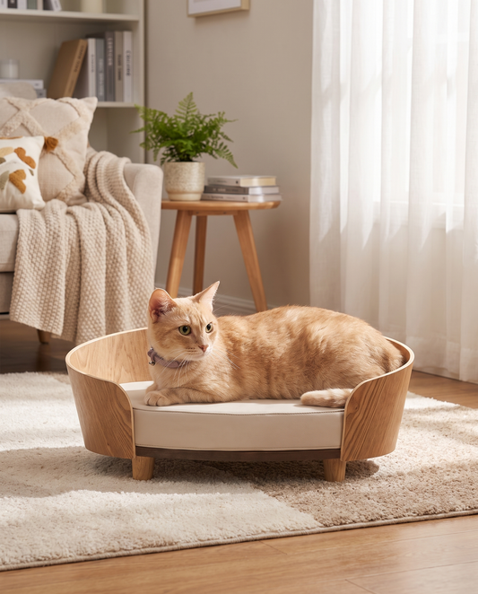 Elevated oval wooden pet sofa frame with tapered legs and a plush removable beige cushion.