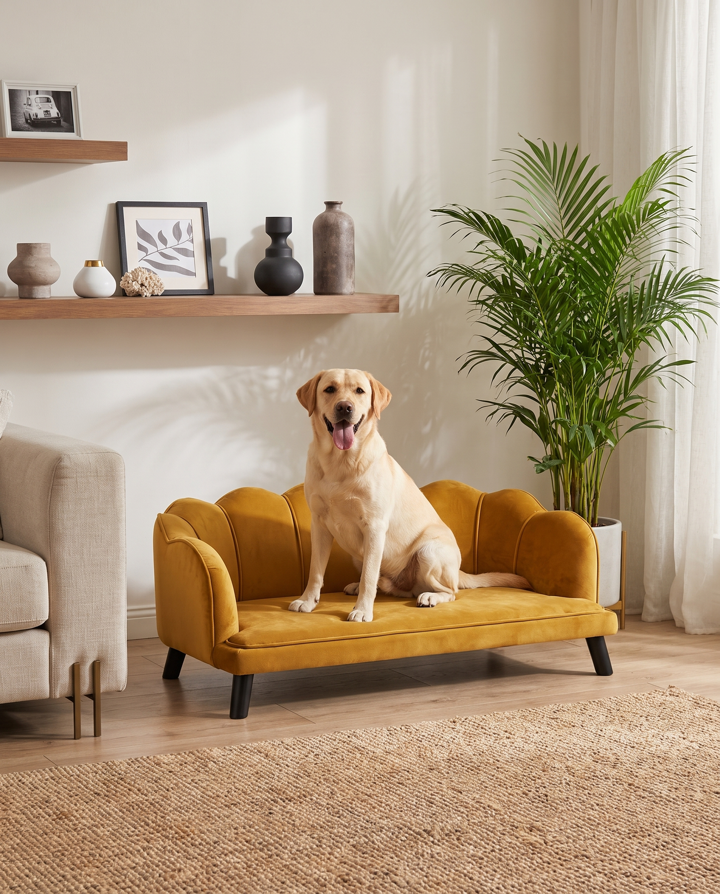 Golden-colored dog resting comfortably on a luxury coffee-brown velvet pet sofa in an elegant living room setting.