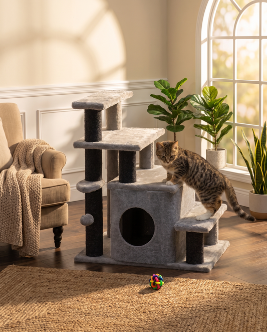 Gray 4-step adjustable cat stairs featuring a built-in lower condo, sisal scratching post, and hanging toy ball.