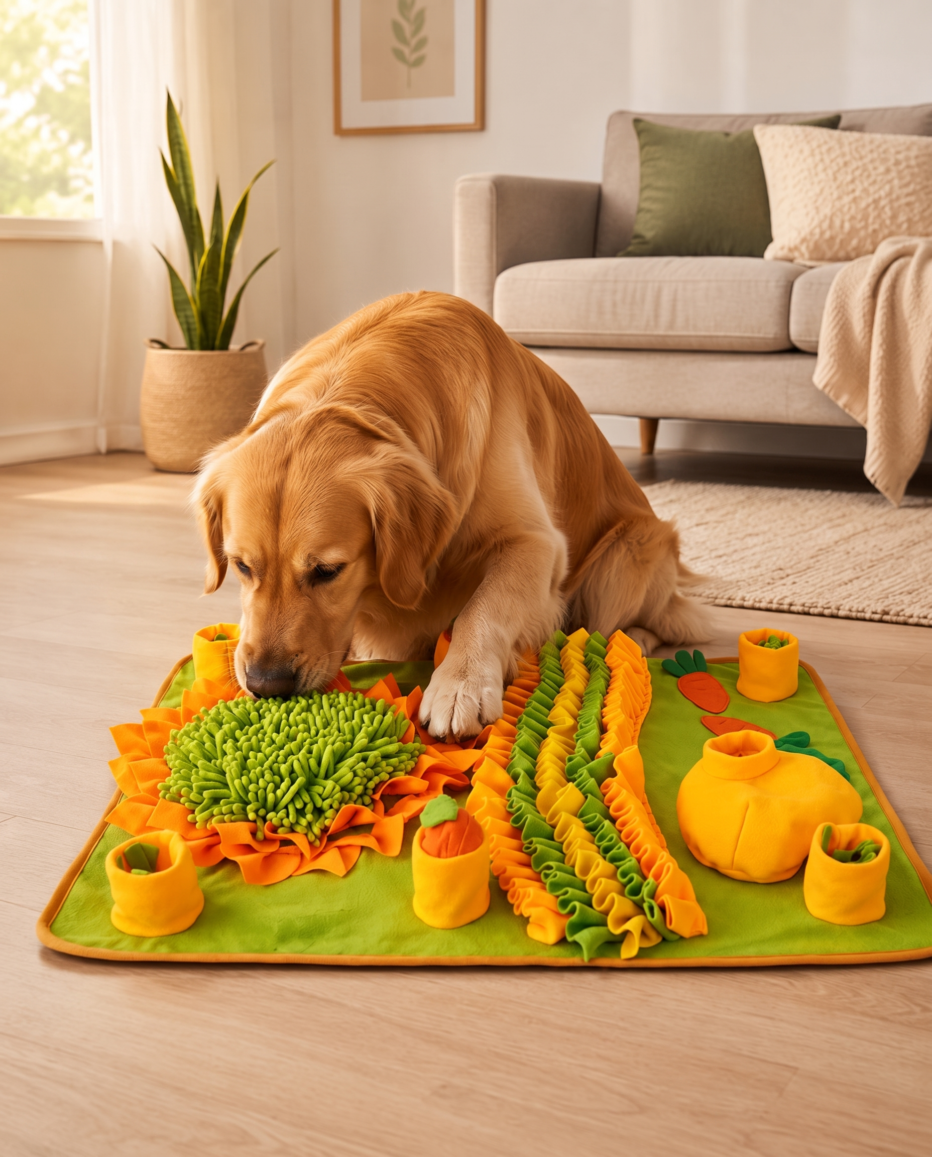 Large fleece foraging snuffle mat with treat cups and textured sniffing pads used by a golden retriever.