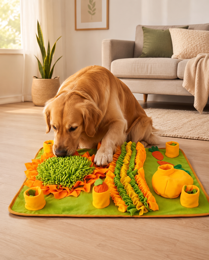 Large fleece foraging snuffle mat with treat cups and textured sniffing pads used by a golden retriever.