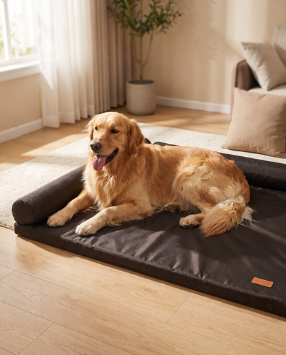 Navy blue rectangular bolster pet sofa bed placed on an area rug next to a couch.