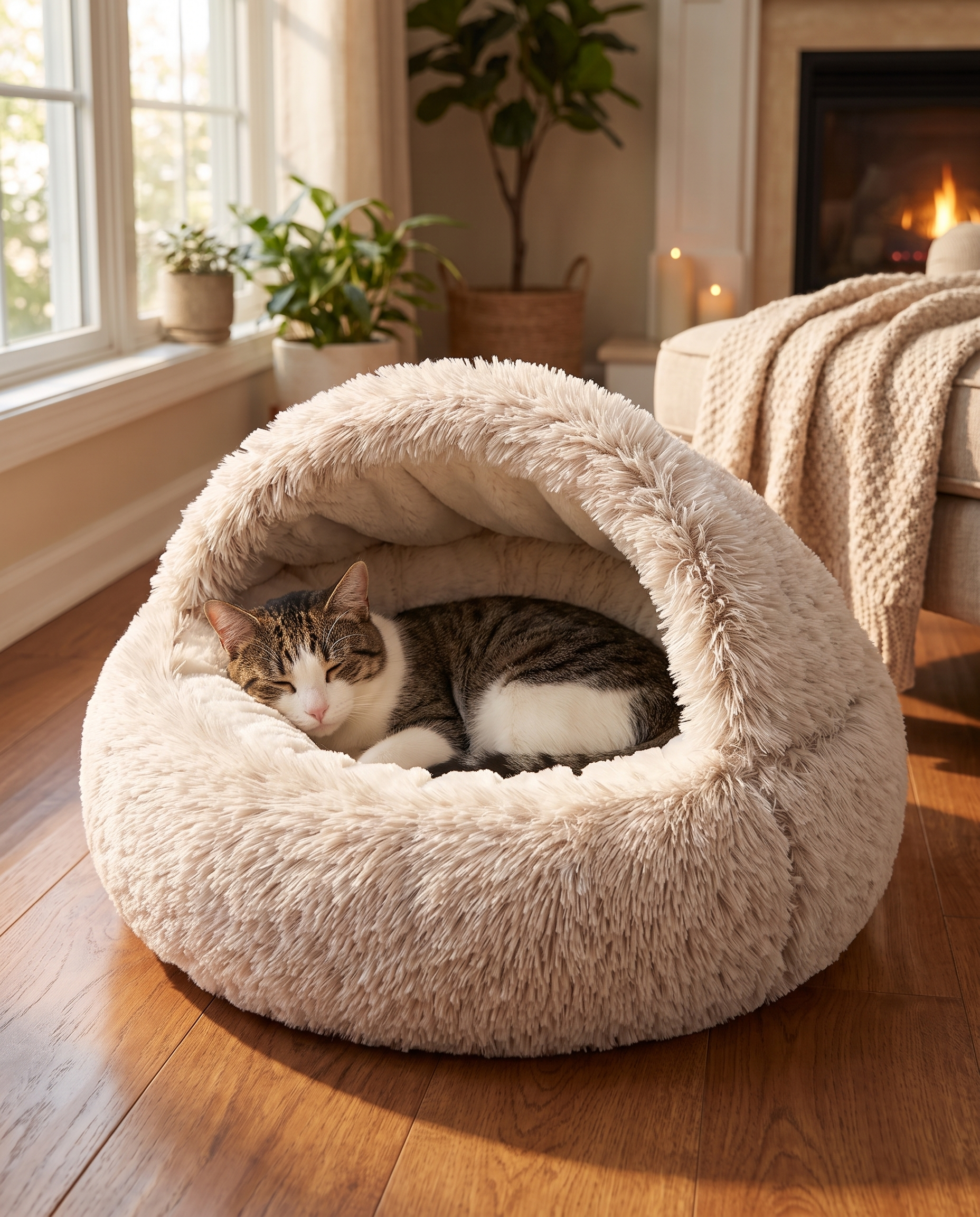 Neutral grey shell-shaped pet bed nest featuring a semi-enclosed hood and cushioned interior.