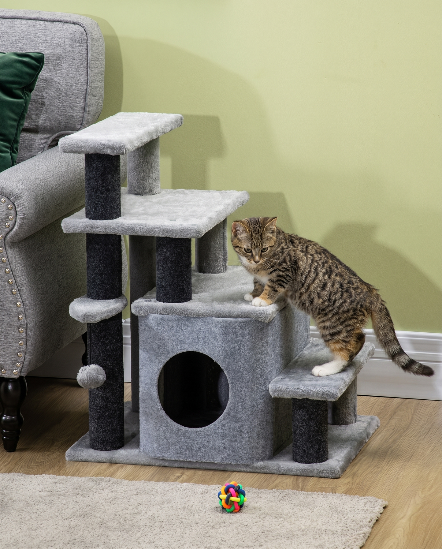 Adjustable Cat Stairs with Condo & Scratching Post