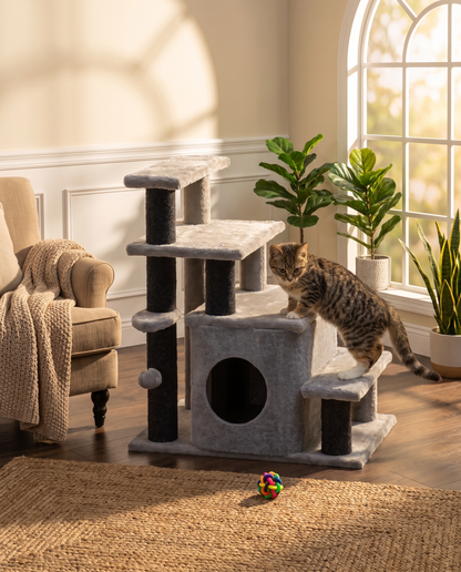Adjustable Cat Stairs with Condo & Scratching Post