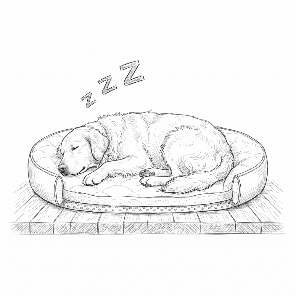 Sketch of a golden retriever curled in a nest bed with raised rim