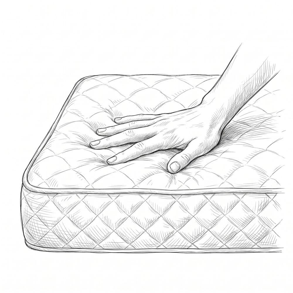 Sketch of a hand pressing into memory foam, foam contouring to the hand
