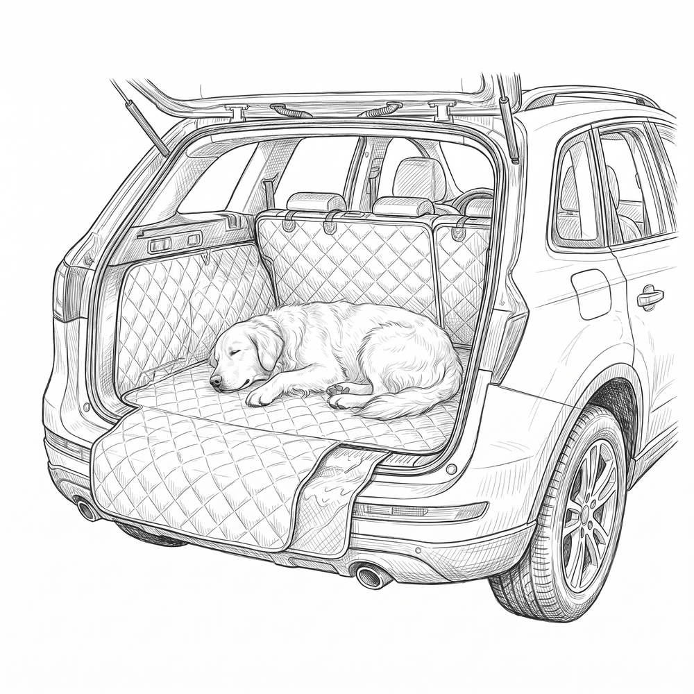 Sketch of an SUV cargo area with a quilted waterproof liner