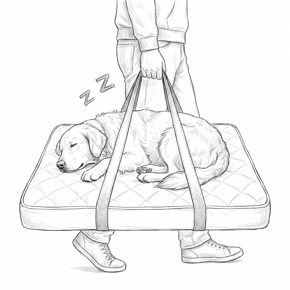 Sketch of a person carrying a dog bed by handles like a bag