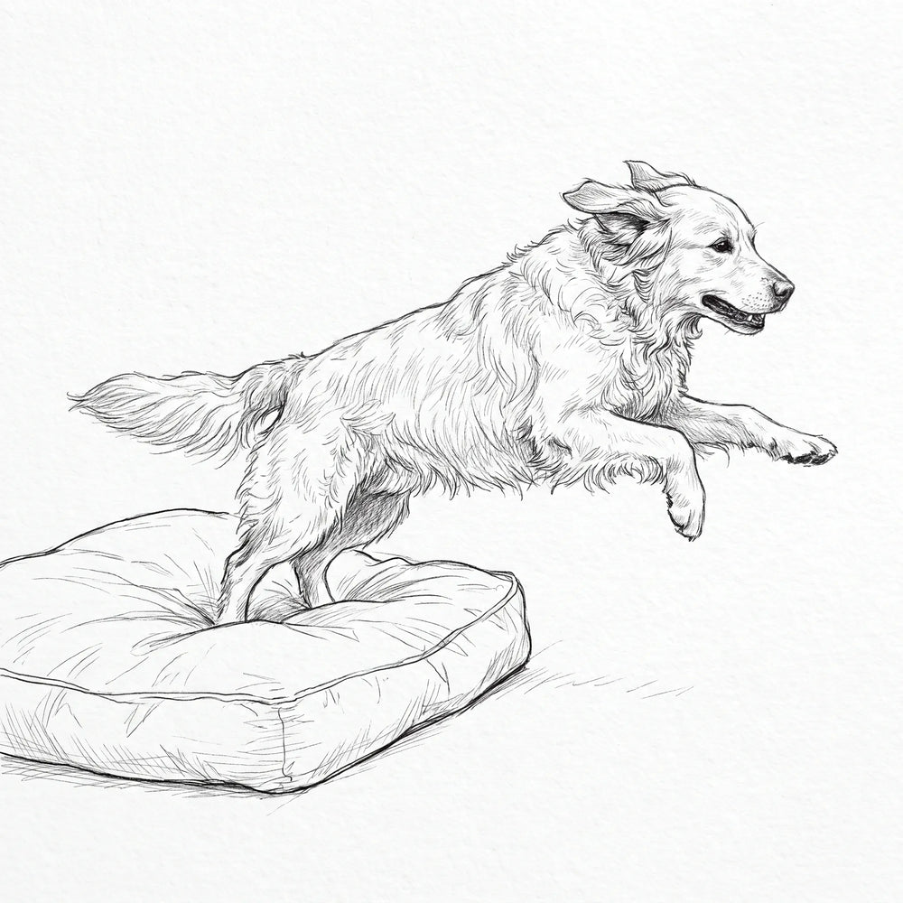Sketch of a dog jumping off a bed