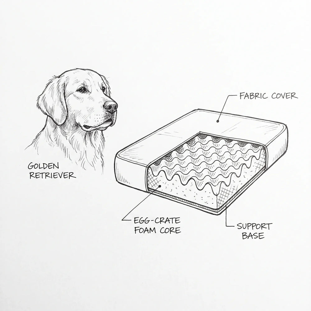Cutaway sketch of egg-crate foam inside a dog bed